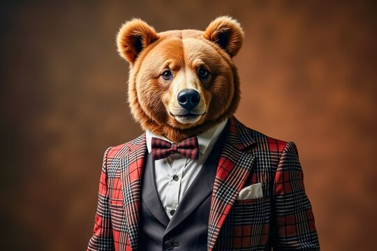 Bear with a human body wearing a suit and bow tie. The bear's head is realistically detailed, and the outfit is a stylish plaid suit with a vest.