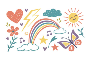 Obraz premium Hand-Drawn Crayon Doodle Set: Playful Hearts, Stars, Clouds, Rainbow, Lightning, Flowers, Arrows, Notes, Sun, Moon, Butterfly, and More in a Fun Childlike Artistic Style Vector Illustration