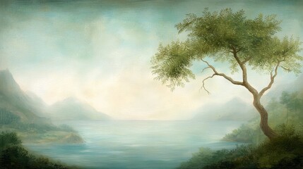 Fototapeta premium Tranquil painting, majestic tree in calm lake reflecting nature's serenity serene