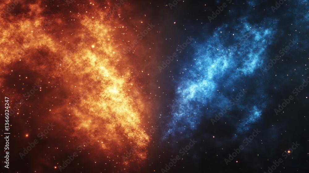 Poster cosmic divide: a fiery embrace and cool void, where nebulae collide in celestial harmony.