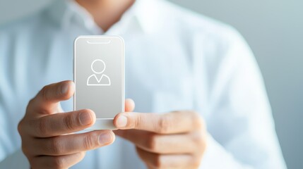 Digital connection, mobile phone displaying person icon for social media and communication