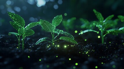 The concept of a modern digital network of the future with green plants sprouting from rich soil, representing the integration of technology into sustainable agriculture.