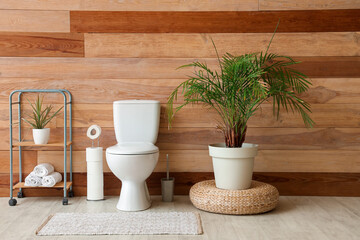 Interior of restroom with toilet bowl, shelving unit and houseplant near wooden wall