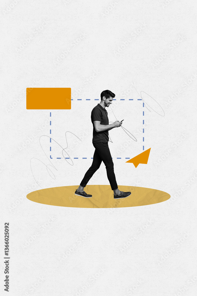 Poster poster creative collage of young worker man use smart phone on white color background with geometry 