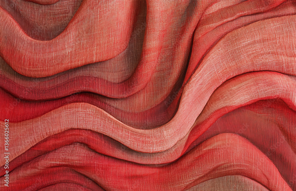 Poster abstract art featuring layered wavy patterns in shades of red and pink with textured surface