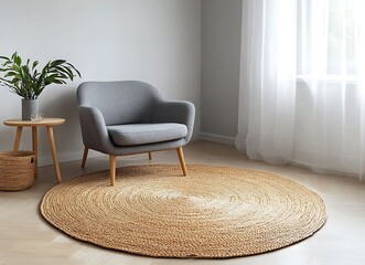 Minimalist interior design of a modern living room with a grey armchair and a round jute rug near a table against a white wall, leaving space for text or a product