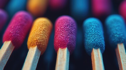 Colorful matches close-up, vibrant hues, textured surface, dark background, macro photography for design