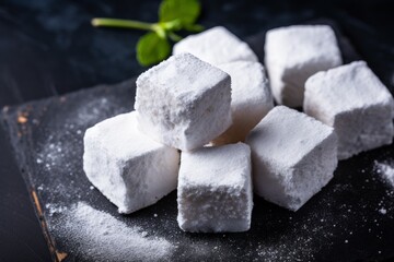 Two marshmallows with powdered sugar on a dark blue background for a cozy aesthetic