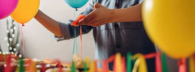 Person preparing decorations for a festive party with colorful balloons and streamers.