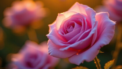 Golden Hour Elegance A stunning close up of a lavender rose bathed in warm golden hour light, with softly glowing petals and subtle hints of shadow for a dreamy, ethereal effect.