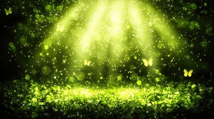 Magical forest glade, glowing light, butterflies, nature background, fantasy