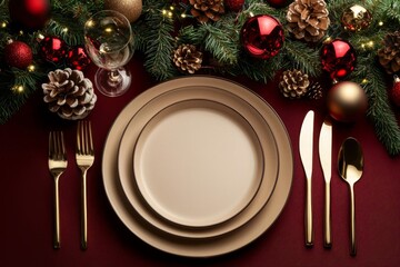 Elegant Christmas Dinner Table Setting Featuring a Blank Plate