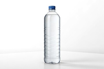 Clear Plastic Water Bottle With Blue Cap on White Background Generative AI