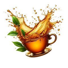 Splash of tea in the falling cup isolated on white isolated on white background