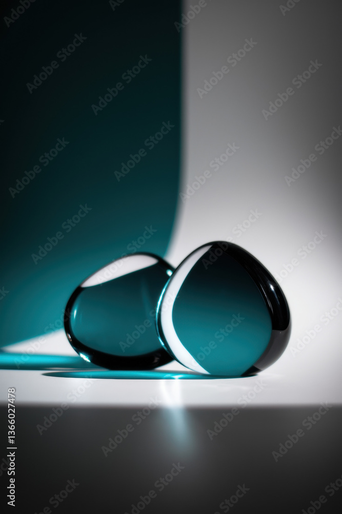 Poster elegant abstract display of teal glass shapes with soft shadow play and light reflections