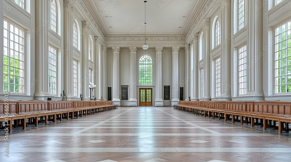 Poster spacious interior hall with classical architectural design and natural daylight with columns rows of