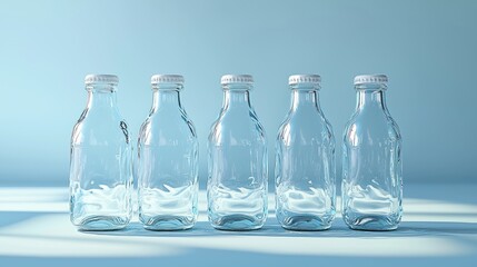Five empty glass bottles on blue background, sunlight, product packaging