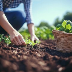 Person hands gently tending to seedlings in a lush garden.