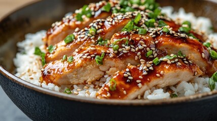 A flavorful bowl of donburi rice topped with tender chicken teriyaki, beautifully garnished with sesame seeds, offering tempting textures and rich colors in a composition with copy space.