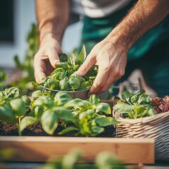 Hands holding fresh basil