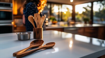 Rustic wooden utensils and kitchenware accessories illuminated by sunlight