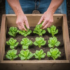 Person hands gently tending to seedlings in a lush garden.