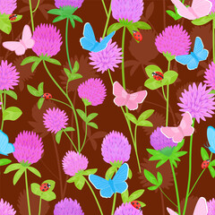 seamless texture with blooming clover, ladybugs and butterflies on brown background. floral pattern of trefoils flowers