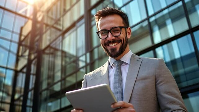 Modern Professional: A poised businessman, absorbed in the functionalities of a digital tablet, embodies the spirit of business, set against the backdrop of contemporary architecture