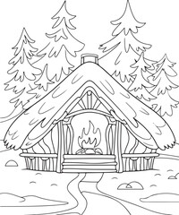 Fototapeta premium Set of Christmas cottage line art drawings, festive winter holiday houses with chimney smoke, decorated trees, cozy home coloring pages