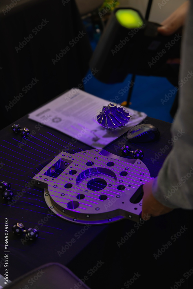 Poster mechanical engineer using a 3d scanner emitting purple laser beams to measure a precision engineered