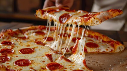 Pepperoni pizza being pulled with melted cheese stretching
