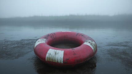 Lifebuoy on a Misty Beach Coastal Safety Scene Serene Environment Tranquil Viewpoint