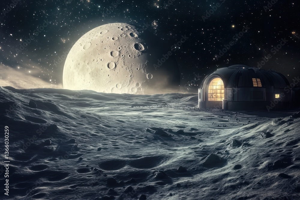 Poster exploration hub on the lunar surface with a view of a large moon