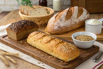 Freshly Baked Breads on a Wooden Table With Toppings Generative AI