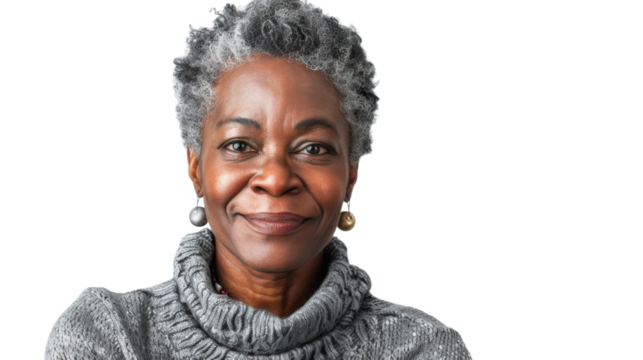 Smiling senior woman with grey hair posing on transparent background