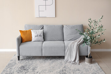 Soft sofa with plaid and cushion, picture on wall and decorative olive tree in interior of living room