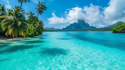 A hidden tropical paradise with a turquoise lagoon and exotic palm trees swaying in the breeze