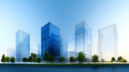 Obraz premium Digital Illustration Of A Modern City Skyline With Blue Glass Buildings