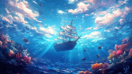 Sunken Dream: A Ghost Ship Drifts Through an Underwater Paradise Coral Reef 