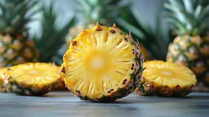 A juicy yellow interior, artfully displayed on a clean white surface, showcases a freshly sliced pineapple surrounded by whole pineapples, evoking a tropical freshness.