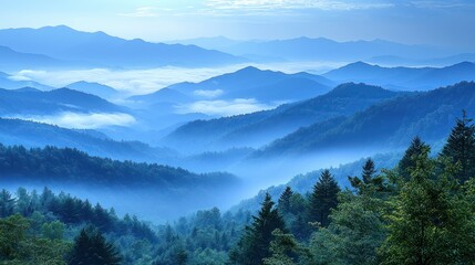 Obraz premium Misty Blue Ridge Mountains at Dawn Scenic View