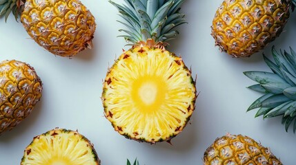 A clean white surface artfully showcases a freshly sliced pineapple with its juicy yellow interior, surrounded by whole pineapples, evoking tropical freshness.
