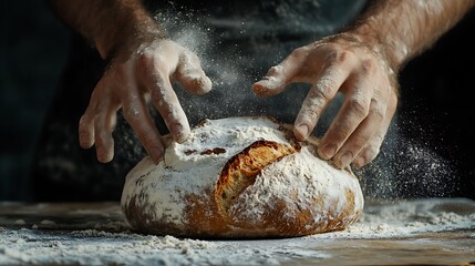 Male hands knead the dough with flour on a wooden table.