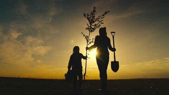 A woman and a child are planting a tree in a field. The woman is holding a shovel and the child is holding a tree. The sky is orange and the sun is setting