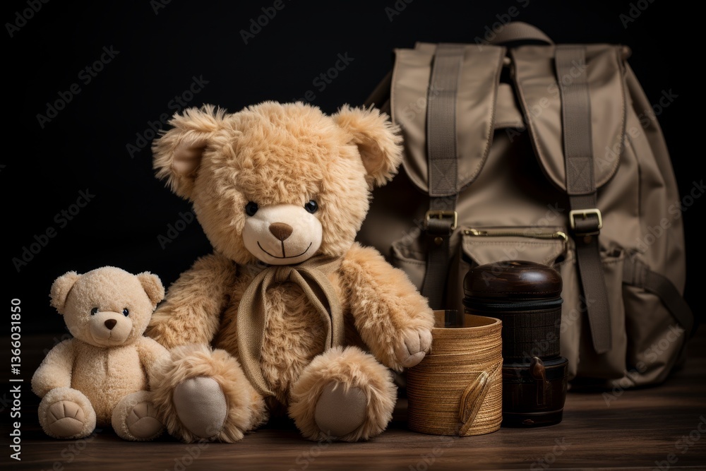 Poster close up of a soft toy on a glossy dark wooden table with blurred background elements