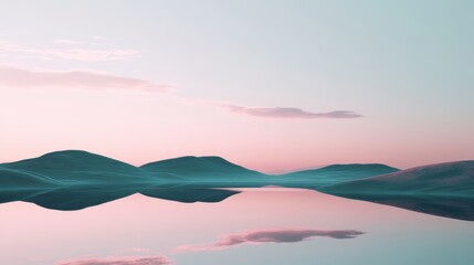 Turquoise hills reflecting in pink water at sunset, conceptual photo psychological and philosophical thoughts in eternal