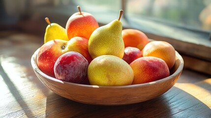 A beautifully displayed fruit bowl filled with an assortment of juicy apples, pears, and plums on a wooden table, where natural light accentuates their colors and textures.