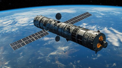 Obraz premium Space Station Orbiting Earth: Exploration and Technology in the Vastness of Space