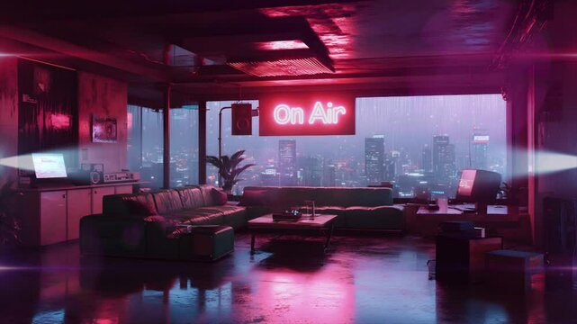Cyberpunk loft with glowing pink "On Air" sign and rainy cityscape. Seamless looping 4K video background