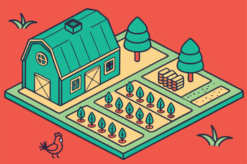 Naklejka premium 86 Miniature farm diorama, isometric view, colorful geometric shapes, wooden toy blocks, vibrant red background, teal roofs, tiny crop rows, miniature trees, playful agricultural scene, saturated colo